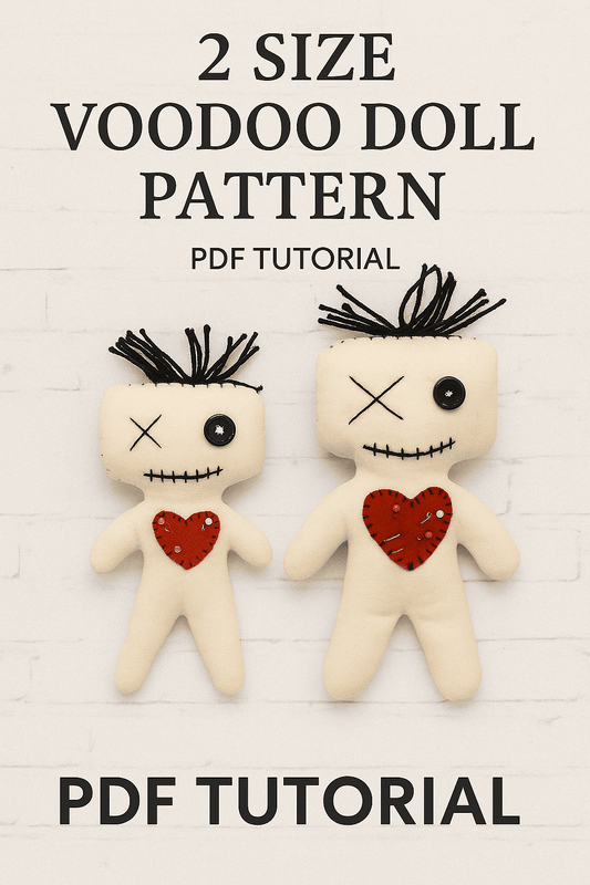 Creepy cute 2 size voodoo doll PDF pattern with red heart – beginner sewing tutorial, perfect for Halloween or DIY plush gifts. Instant download.