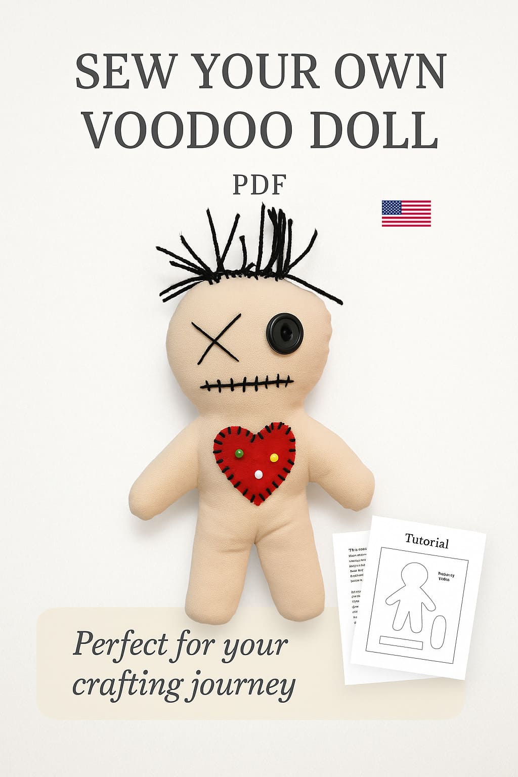 voodoo doll with red heart and button eyes – beginner-friendly sewing pattern PDF tutorial – creepy cute handmade plush for Halloween or gothic gifts